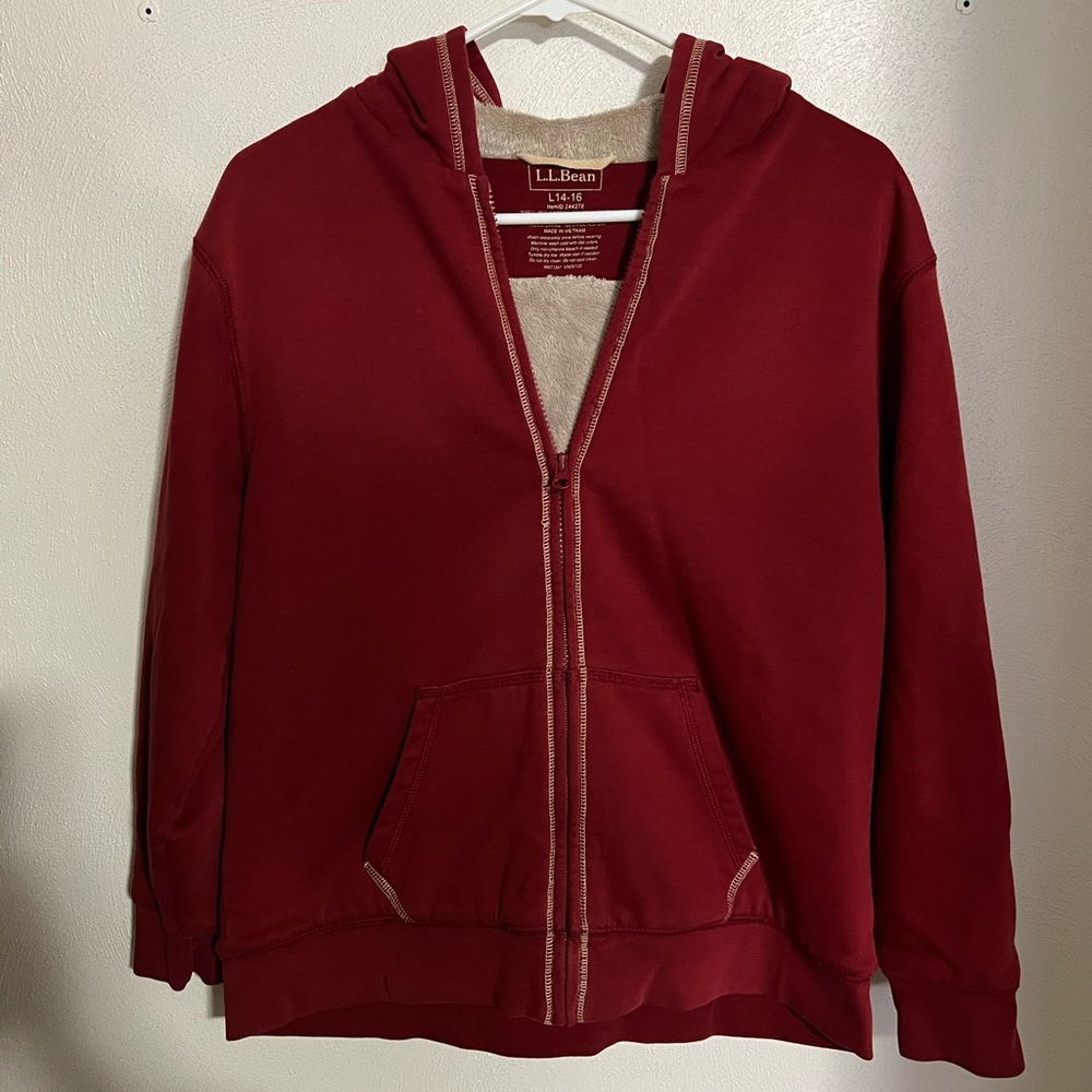 L.L. Bean Katahdin Iron Works Faux Fur Lined Full Zip Hoodie Maroon Girl's 14-16